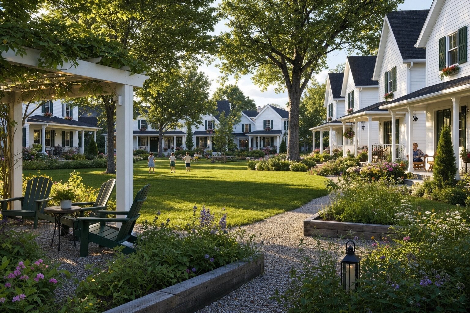 Illustrative cottage community organized around shared green space